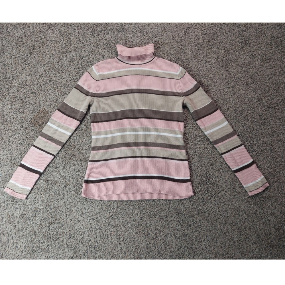 Liz & Co Striped Turtleneck Sweater Large Pink Womens Casual Ribbed Cotton Top